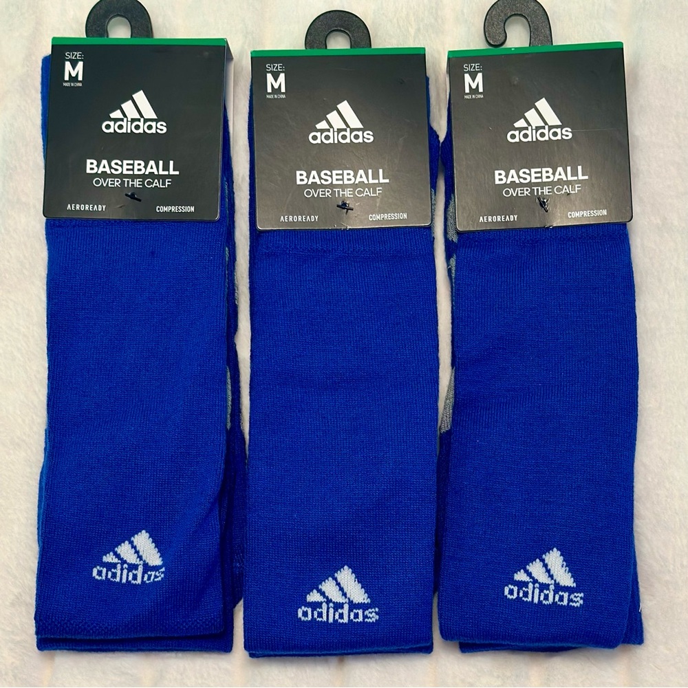3 NWT Adidas Baseball Over The Calf Socks Size Medium Blue Aeroready Compression